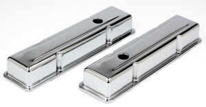 TRADITIONAL Design Valve Covers; SHORT; 1958-1986 SB Chevy 283-350-CHROME