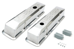 BEVELED EDGE, Aluminum Valve Covers; TALL; FLAMES; 1958-1986 SB CHEVROLET