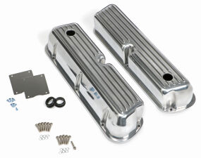 TALL VALVE COVERS; SB FORD; FINNED; POLISHED ALUMINUM- WITH HOLES