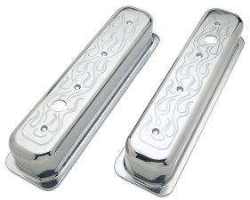 BALL-MILLED Aluminum Valve Covers; TALL; FLAMES- 1987-99- SB CHEVROLET 5.0/5.7L