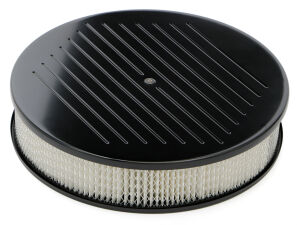 14 IN. ROUND ALUMINUM AIR CLEANER SET; 3 IN. TALL; PINSTRIPES- BLACK FINISH