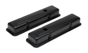 CHEVY 283-400 SHORT ASPHALT BLACK POWDER COATED VALVE COVERS; BAFFLED