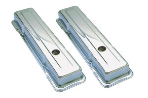 TRADITIONAL Design Valve Covers; SHORT; 1958-1986 SB Chevy 283-350-CHROME