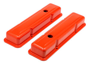 CHEVY 283-400 SHORT ORANGE POWDER COATED VALVE COVERS- BAFFLED